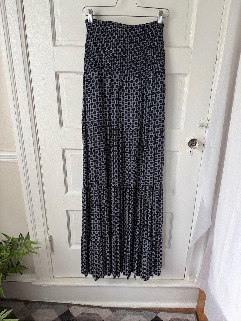 Chico's Navy & Gray Polka Dot Tiered Maxi Skirt Shirred Waist Flowy Boho Prairie